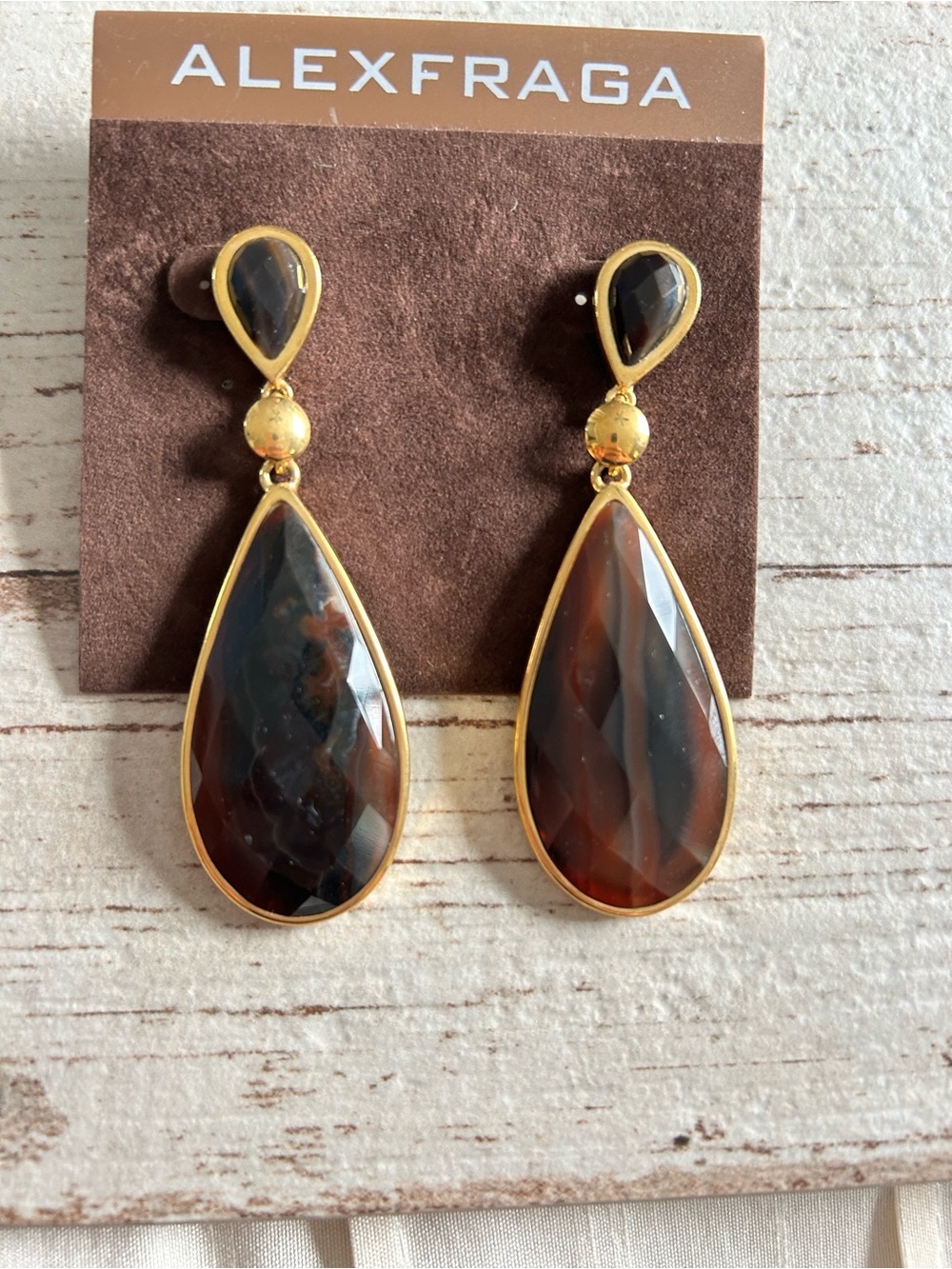 Alex Fraga Brown Teardrop Stone Drop Earrings